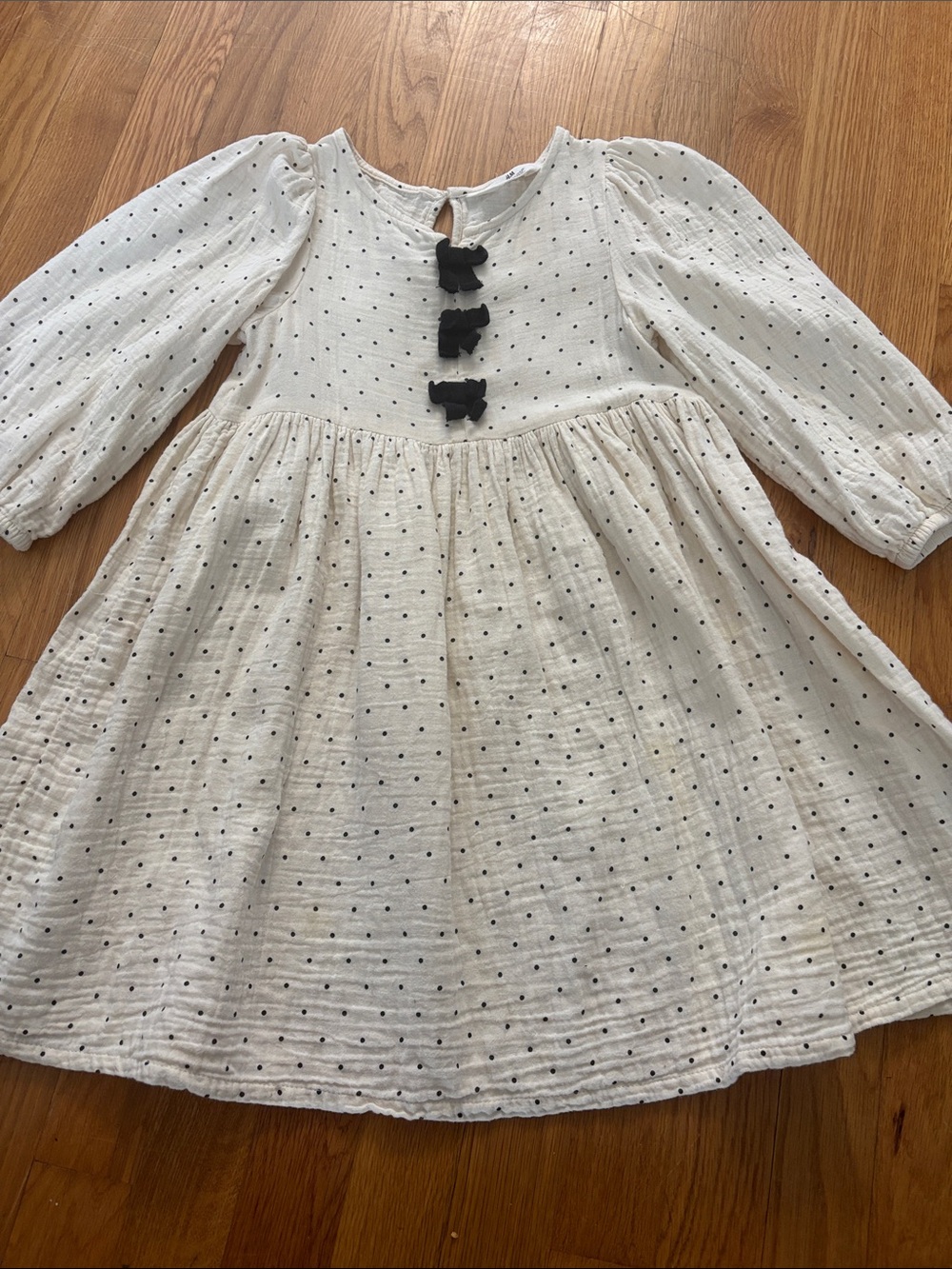 H&M Cream Dot-Print Long-Sleeve Dress with Black Bow Details